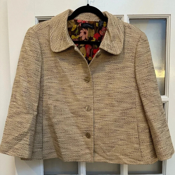 Context Tan Beige Gold Metallic Tweed Blazer Jacket Floral Lining Size 14 - Picture 15 of 15